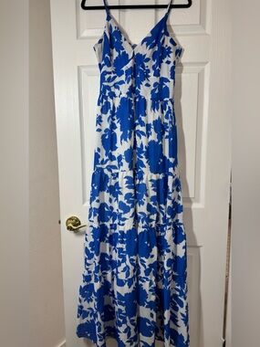 Blue & White Floral Maxi Dress - Sleeveless V-Neck